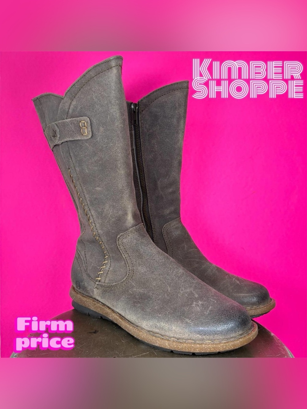 Born Tonic Distressed Leather Whipstitch Button Strap Mid Calf Boot US 9 UK 7